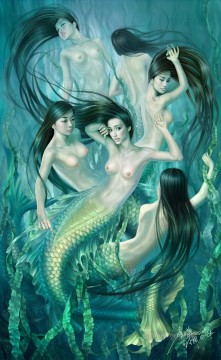 mermaid Painting - Yuehui Tang Chinese nude Mermaid